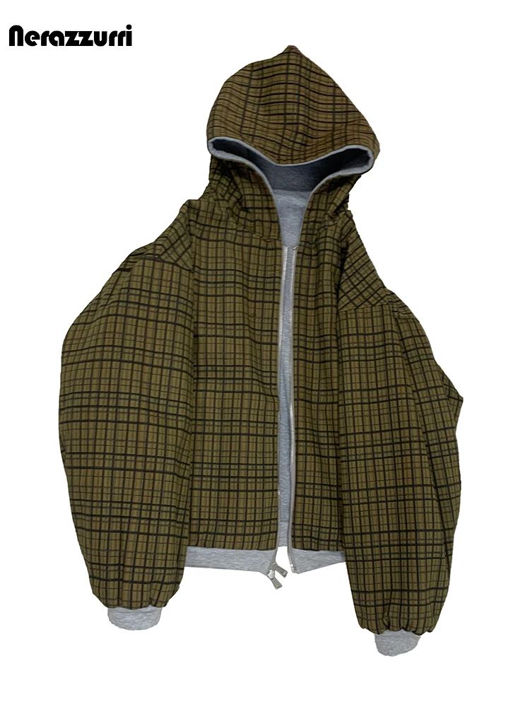 Nerazzurri Spring Autumn Oversized Reversible Hoodie Men with Plaid Lining Inside Luxury Designer Clothes Menswear Sweatshirt