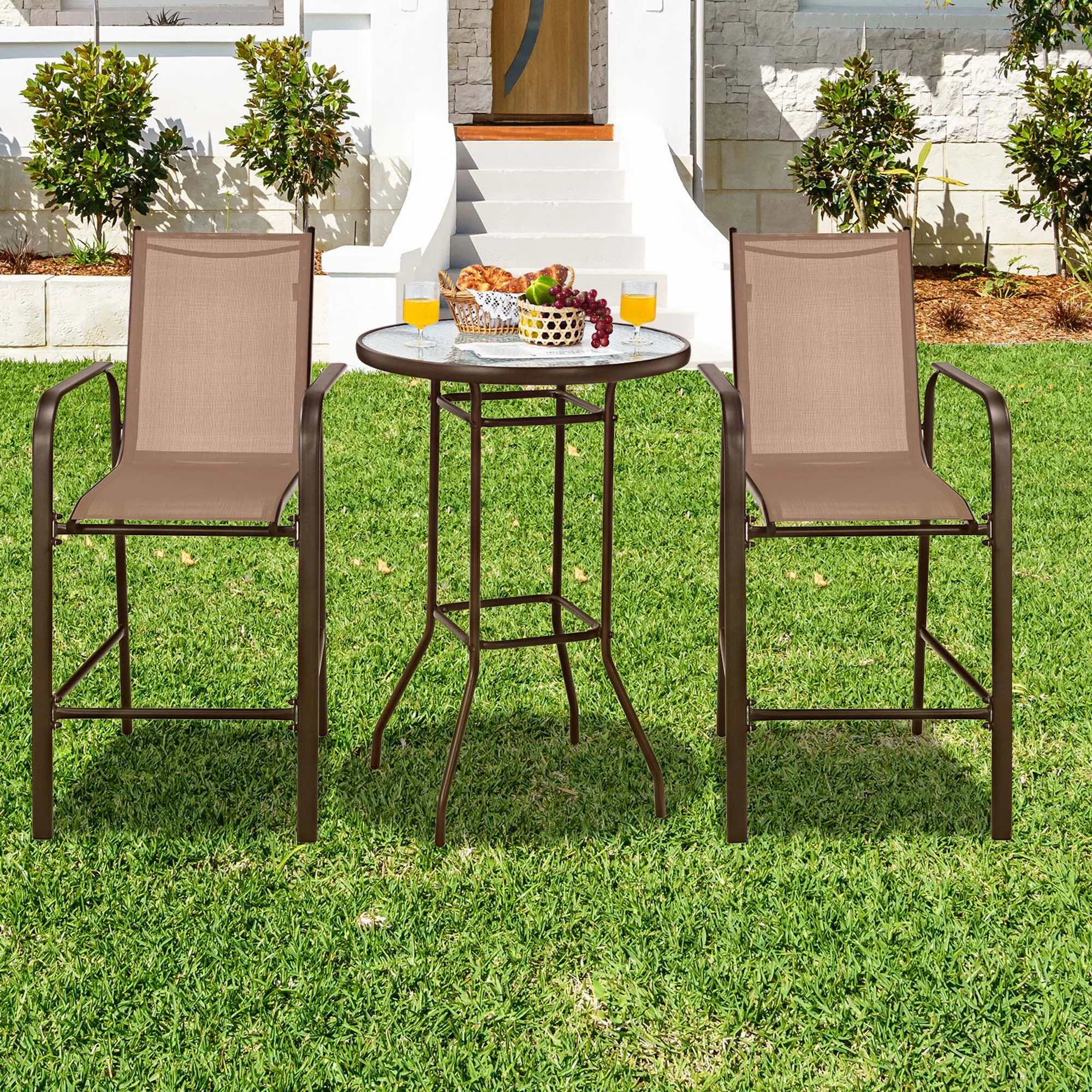 3 PCS Outdoor Patio Bar Table Stool Set Height Tempered Glass Top