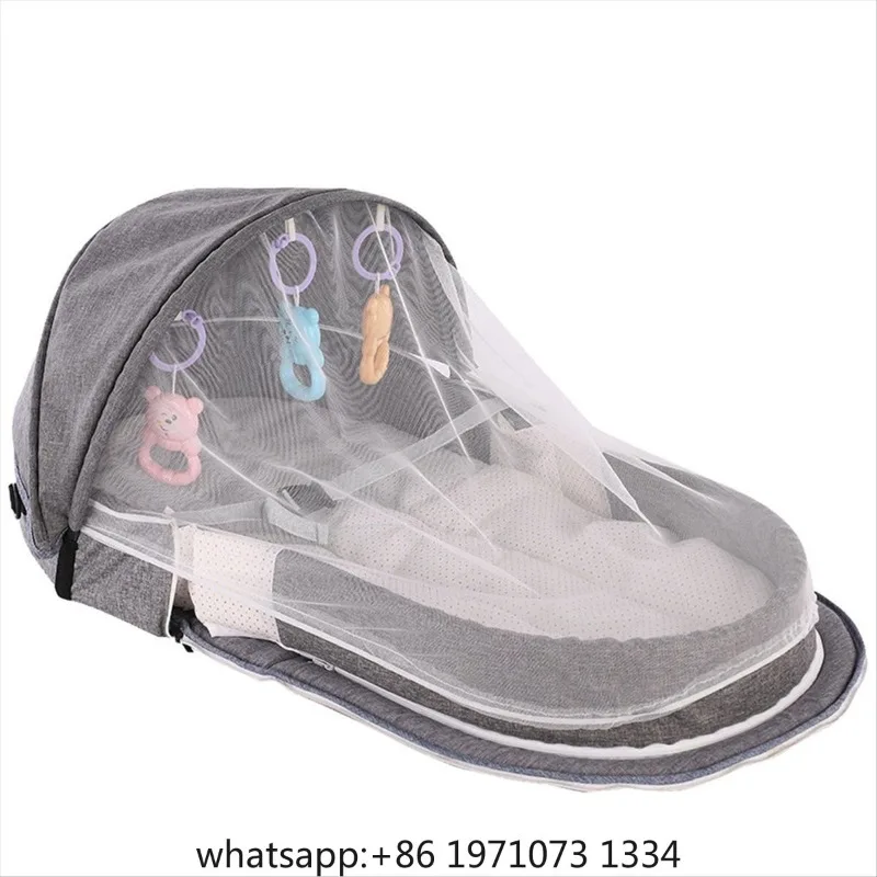 Baby Bed Folding Portable  Crib with Net and Awning Nest for Camping Infant Bassinet for  Grey