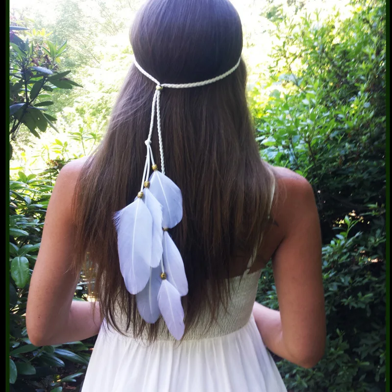 

Bohemian Bridal Headband Women Beaded White Feather Hairband