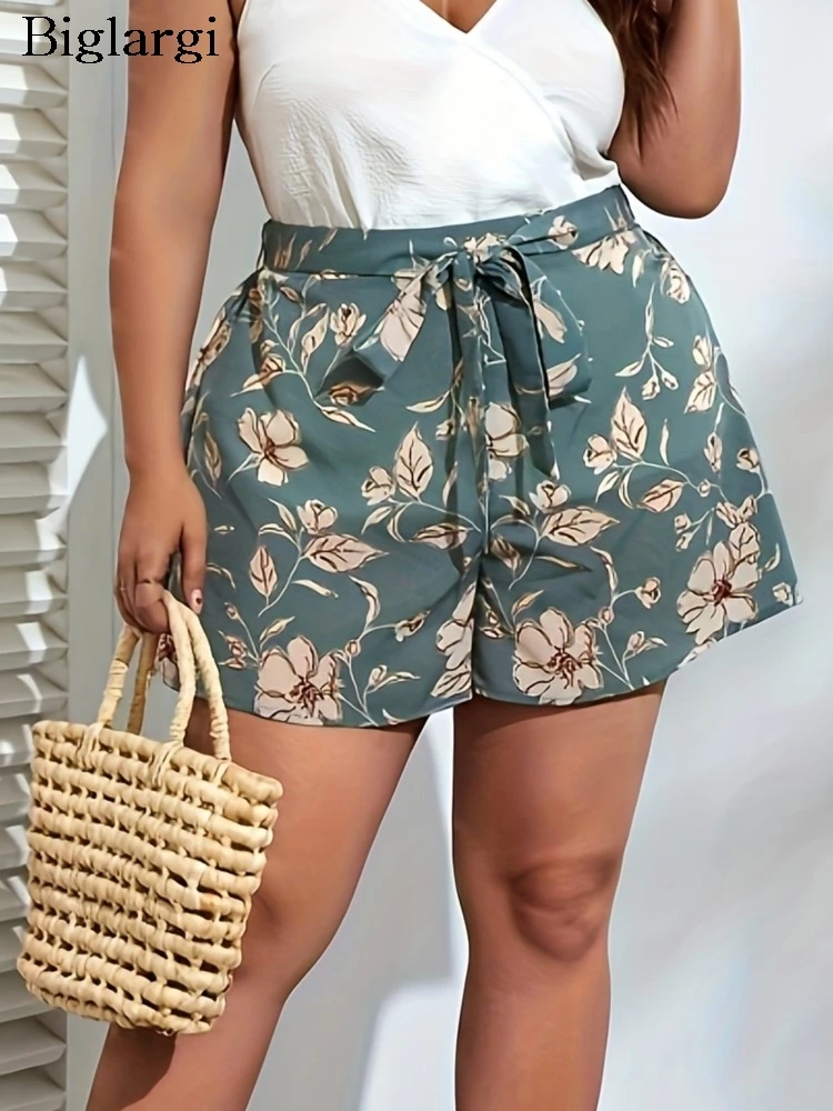 Plus Size Summer Flower Floral Print Shorts Women High Waist Fashion Casual Ladies Trousers Wide Leg Loose Woman Mini Shorts