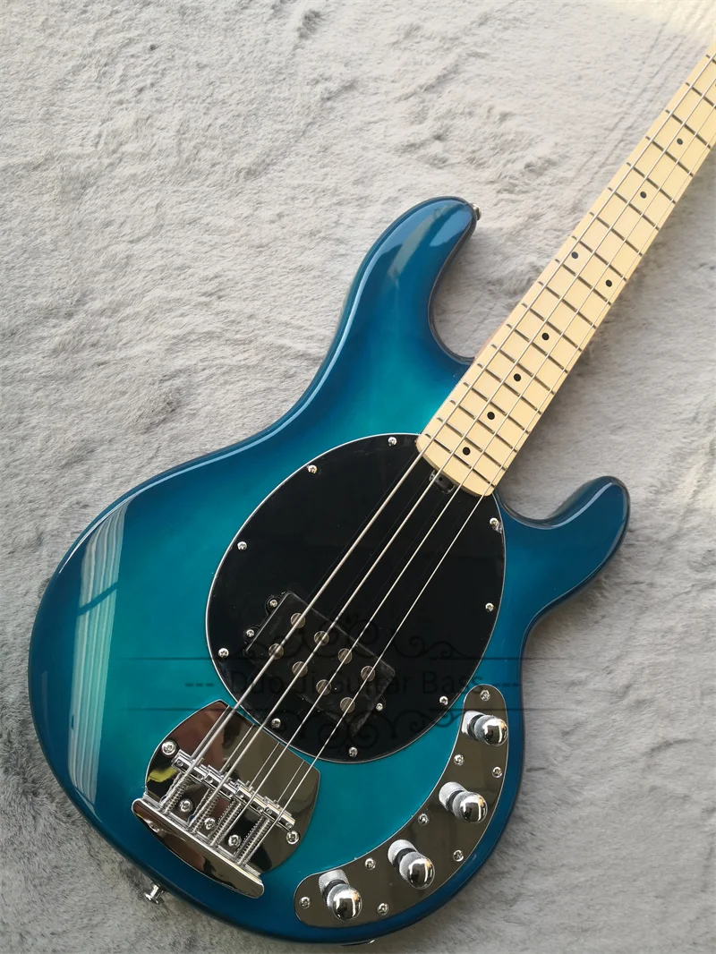 4 Strings Blue Bass Guitar Basswood Wood Body  Maple Neck Fixed Bridge Black Pickguard Active Battery