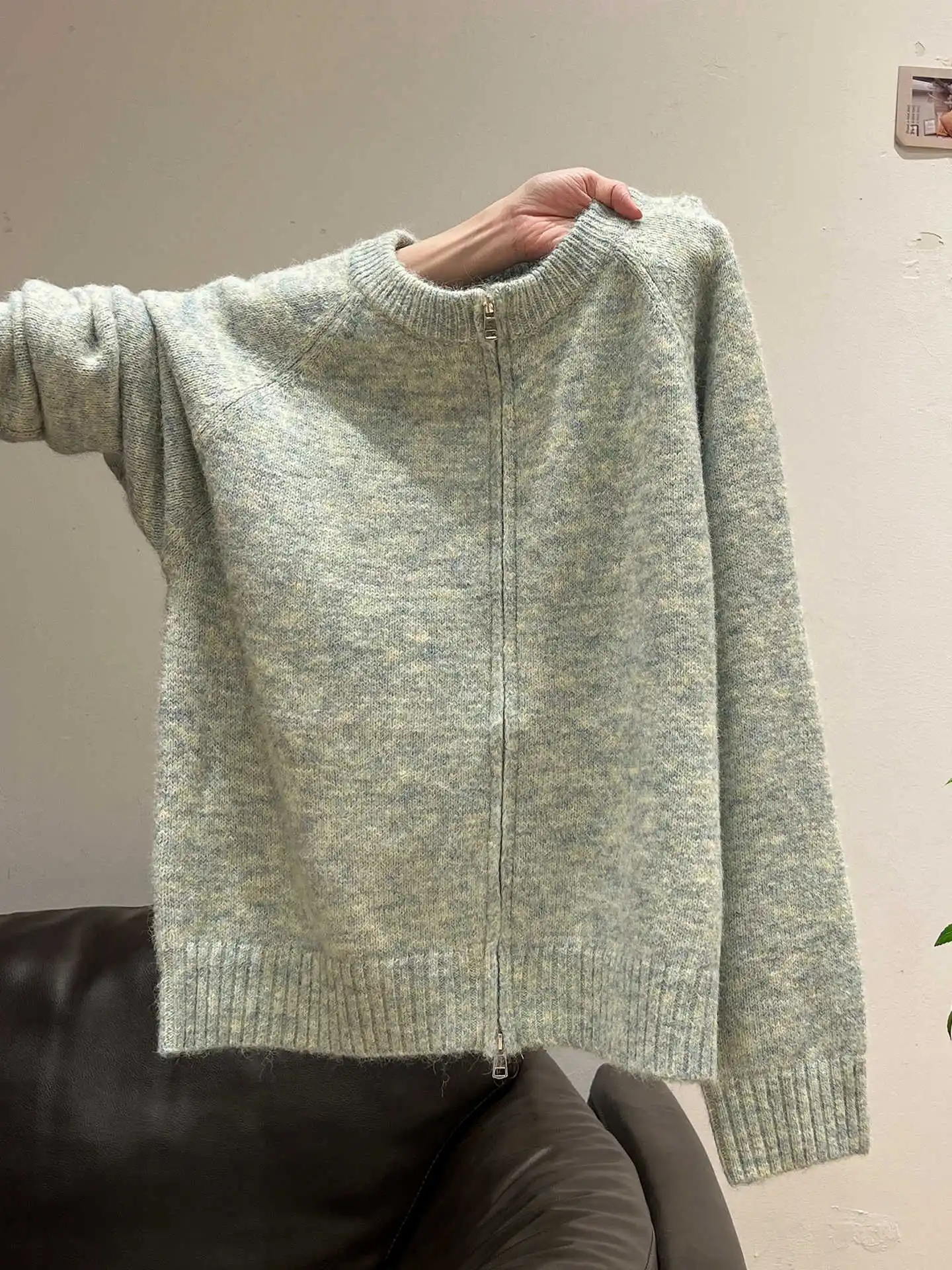 

Green Round-Neck Zipper Knitted Cardigan For Women 2025 Korean-Style Autumn And Winter Outfits, Loose Sweater