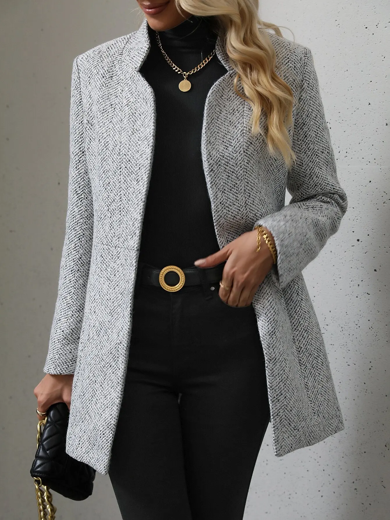 

Women's Herringbone Knit Open Front Blazer Jacket for Fall Winter Office Casual Wear