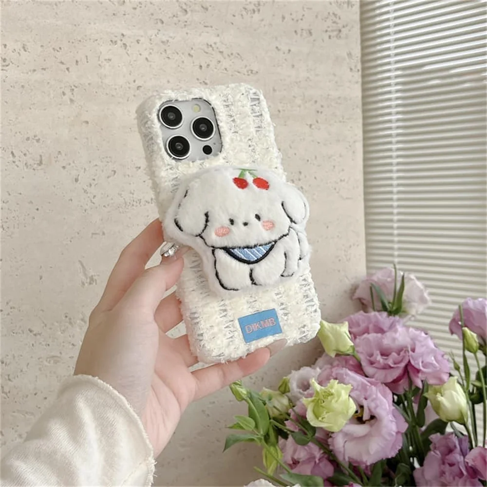 Korea Cartoon Ins 3D Cherry puppy Phone Case For iPhone 18 Pro 14 15 16 17 Pro Max Cover Shockproof Cute Plush Cases 18 Promax