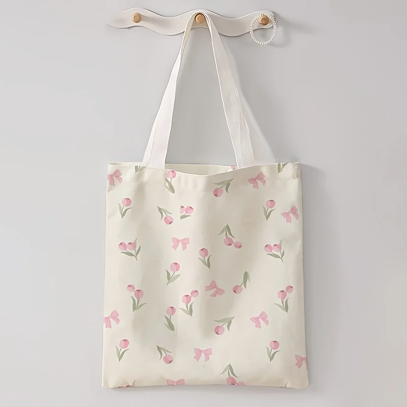 Tulip printed casual handbag, reusable fashionable backpack, multifunctional handbag, canvas shopping bag