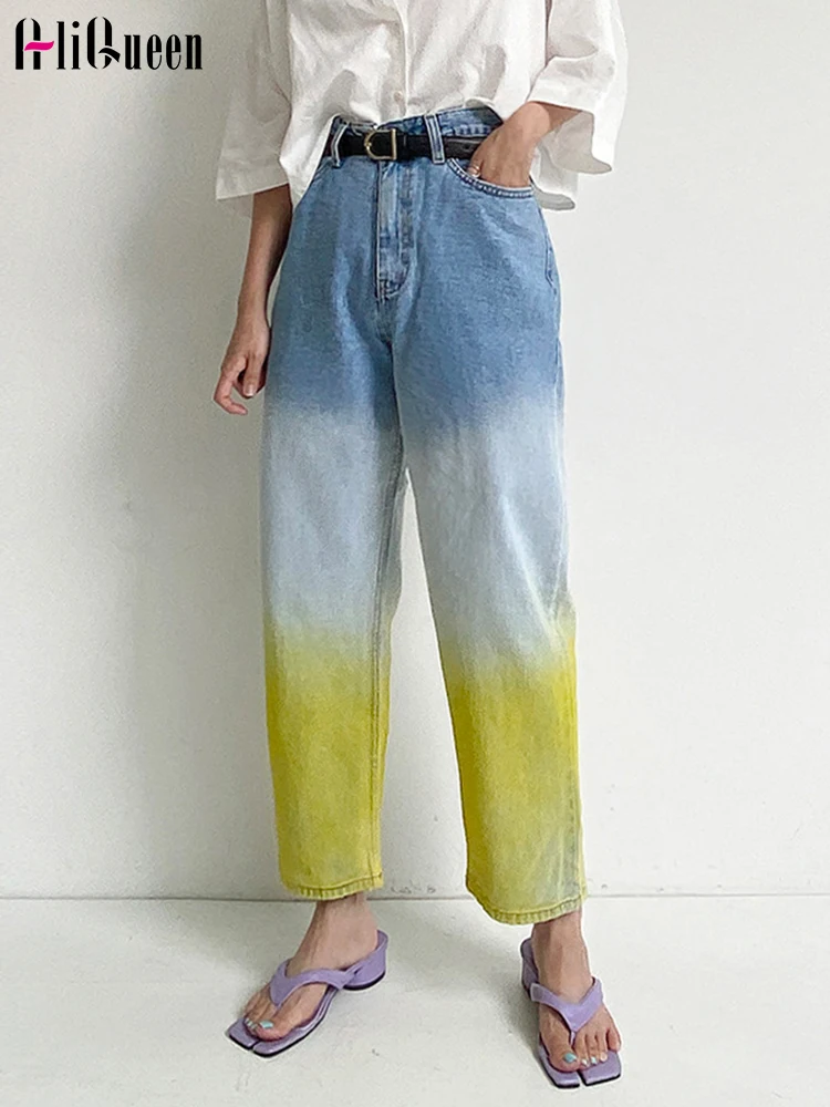 

European Clothing Pocket Denim Pants High Waist Gradient Colorful Jeans Streetwear Spring Summer Wide Leg Ankle-length Trousers