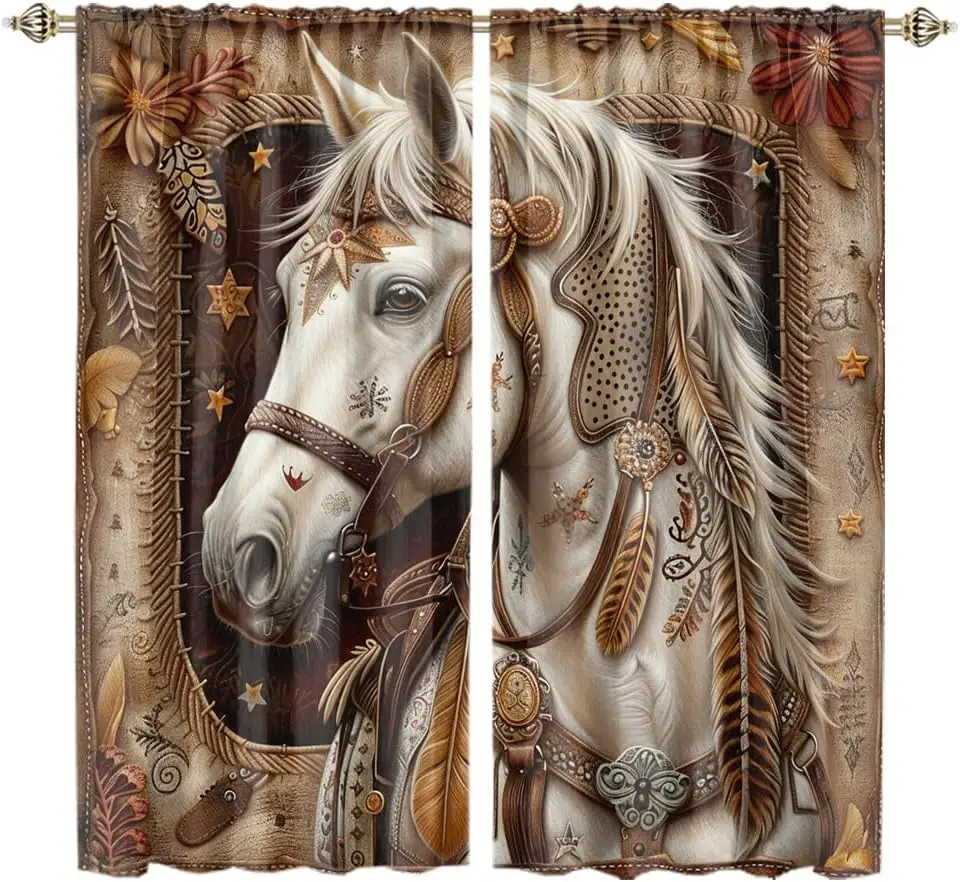 Tribal Feather White Horse Curtains, Native Western Steed Floral Star Rope Frame Vintage Texture Window Drapes for Farm Bedroom