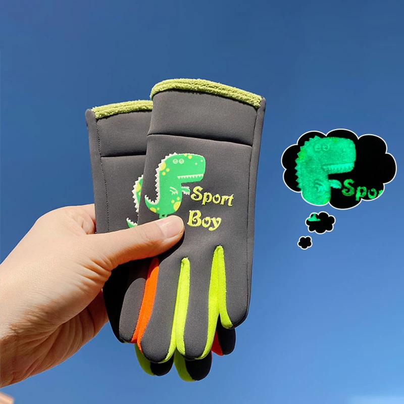 Winter kinderhandschoenen Cartoon dinosaurus fluorescentie fietsen kinderen warme sport skiën winddicht waterdicht jongens meisjes handschoenen