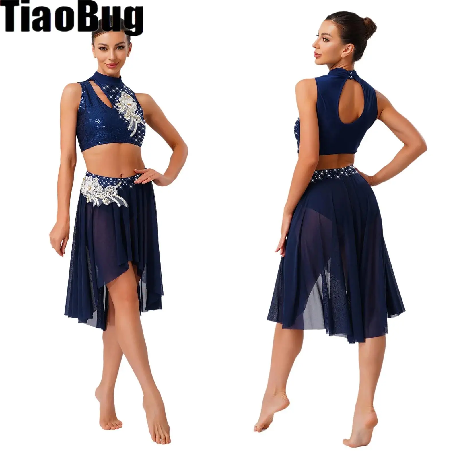 

Women Modern Lyrical Dance Costume Outfit Sleeveless Crop Top Irregular Mesh Skirt Embroidery Gymnastics Ballet Skating Dance