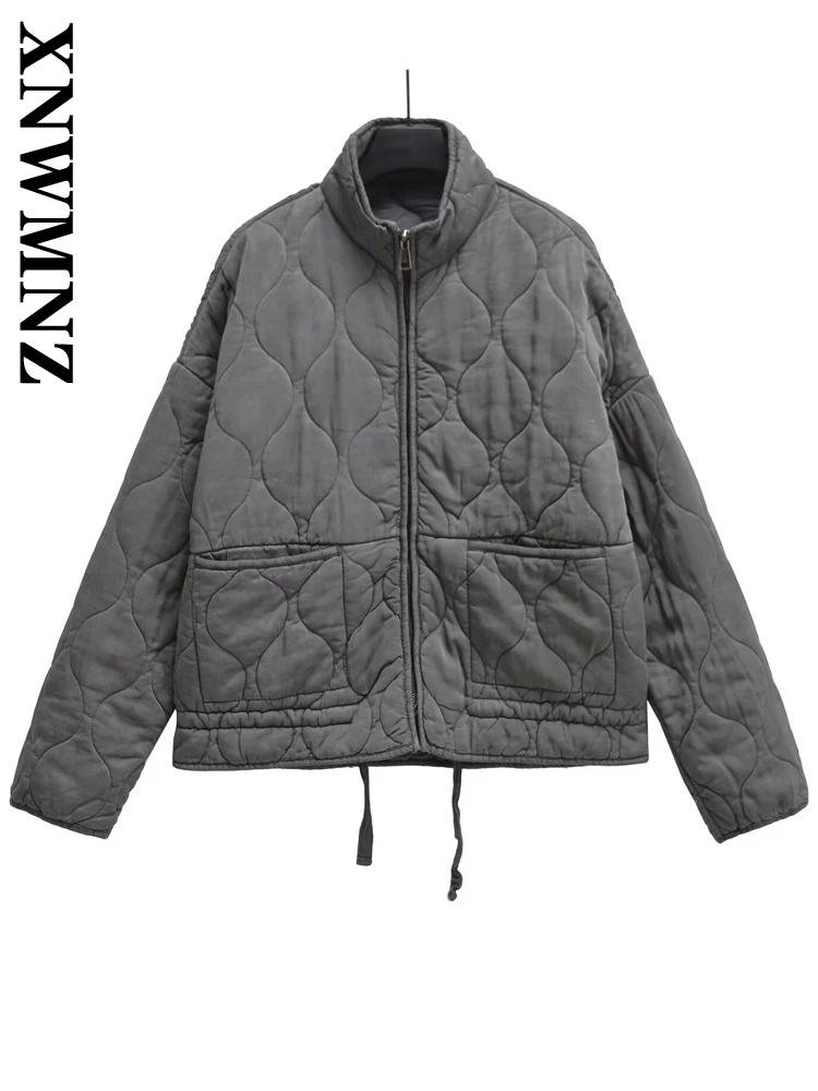 XNWMNZ 2024 New Woman's Autumn Casual Coat Female Winter Vintage Stand Collar Long Sleeve Jacket Grey zipper Padded Jacket Top