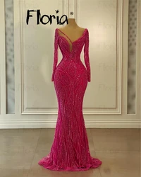 Hot Pink Long Sleeve Evening Dress for Women Nude Sheer O-Neck Mermaid Wedding Party Gowns Second Reception Beaded Formal Dress