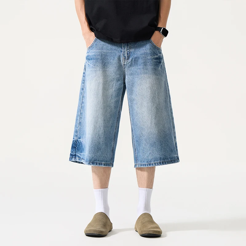 

Streetwear Jeans Men's Summer Loose Casual Denim Wide-leg Straight Calf-length Jeans Shorts Jorts Pants
