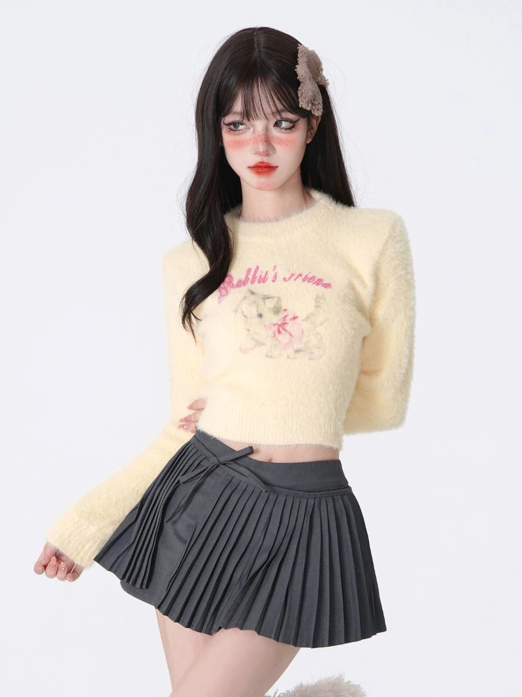 Kawaii Sweet Girl White O-neck Pullover Sweater Women 2024 Spring Long-sleeved Short Knitted Pullover Fashion Female Clothes