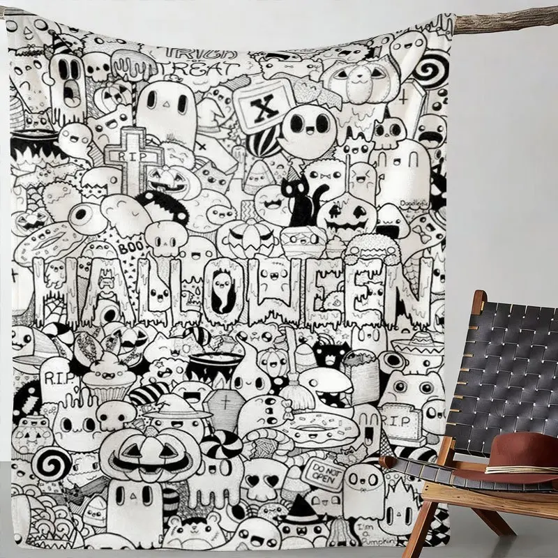Creative Halloween Ghost Pumpkin Line Art Coloring Flannel Blanket Warm Soft Cozy Throw Blanket for Couch Bed Living Room Decor