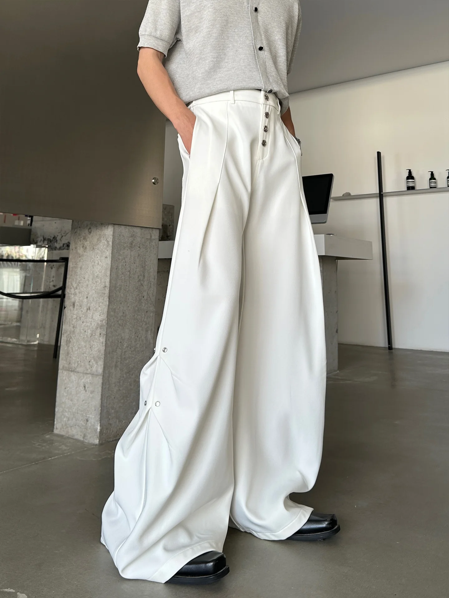 MARTHENAUT High Waist Loose Fit Bell Bottoms Metal Buckle Pleated Beaded Deconstructed Long Trousers Youth Casual Fashion