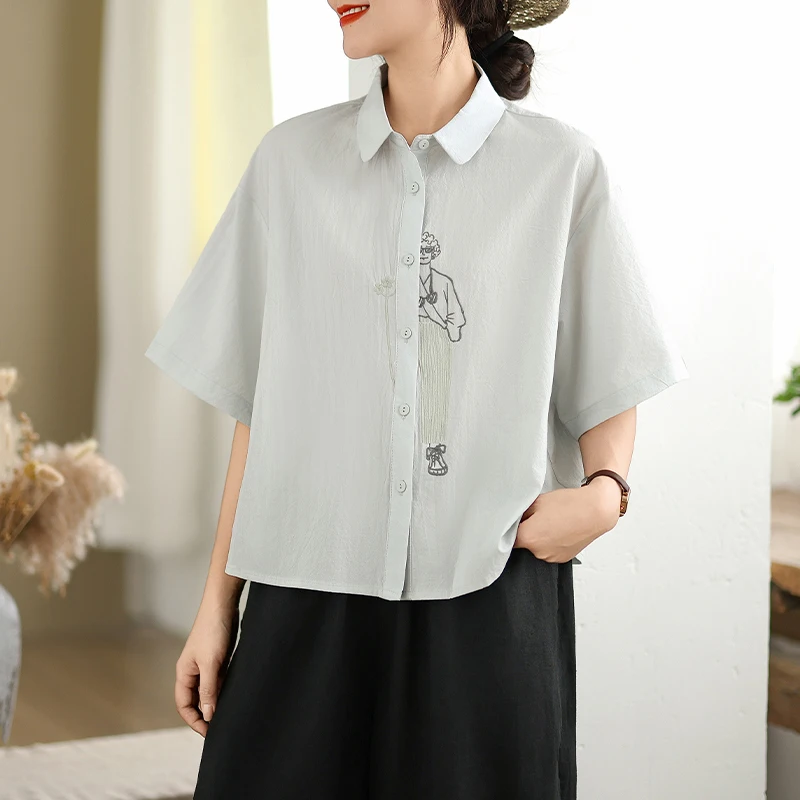

Fashionable Large Size Embroidered Short Sleeve Pure Cotton Loose Casual Women's Shirt Summer 2026 Korean Style White Shirt
