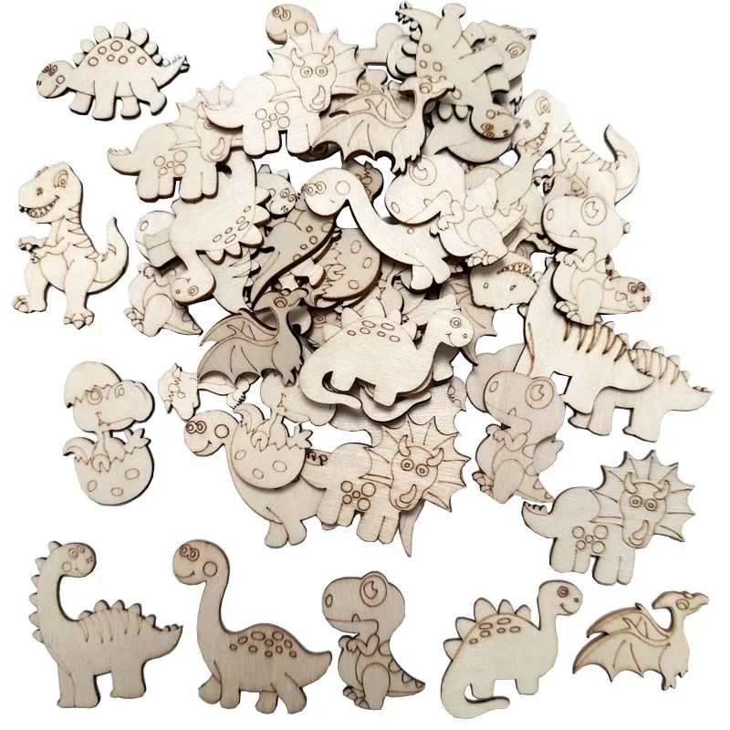 50Pcs Dinosaur Wood Cutouts Ornaments Unfinished Wood Pieces Blank Wooden Paint Slices for Kids DIY Craft Supplies