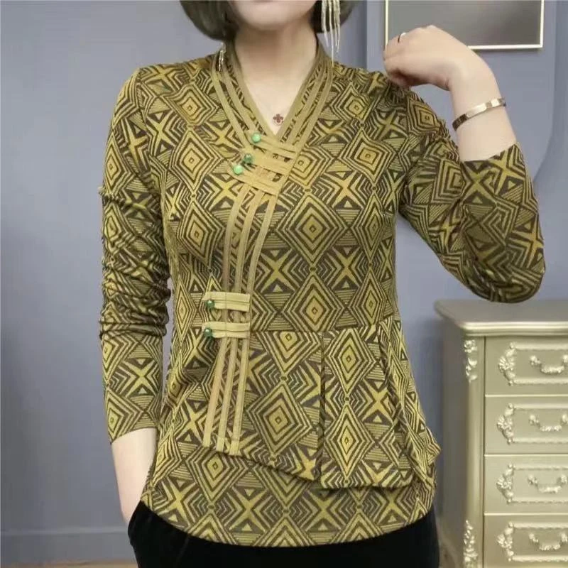 Spring Autumn New V-neck Fashion Long Sleeve Blouse Women High Street Casual Printing Pullovers Elegant Button Patchwork Tops