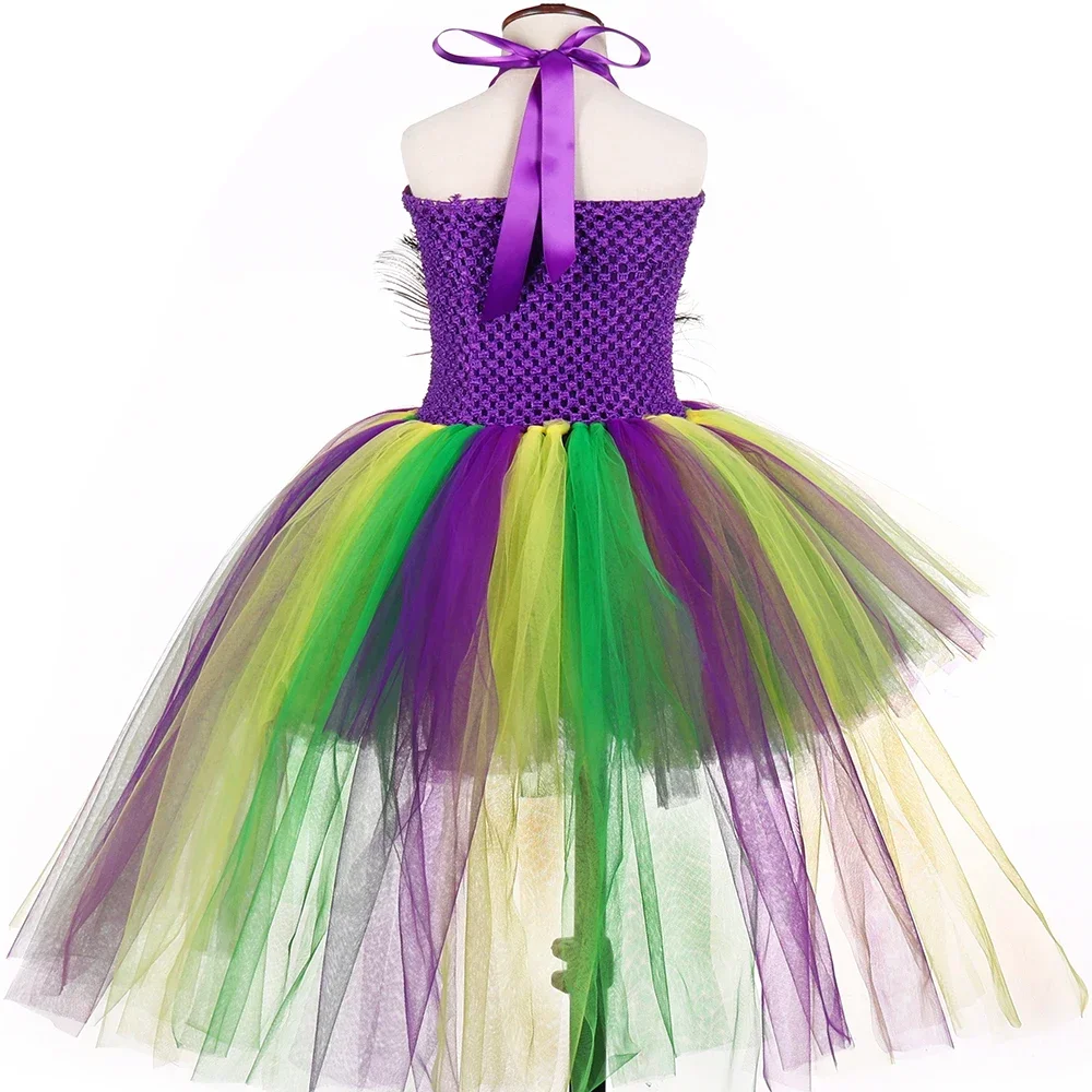 Girls Peacock Costume Kids High Low Flower Feathers Tulle Princess Tutu Dress Girls Halloween Mardi Gras Pageant Party Dresses
