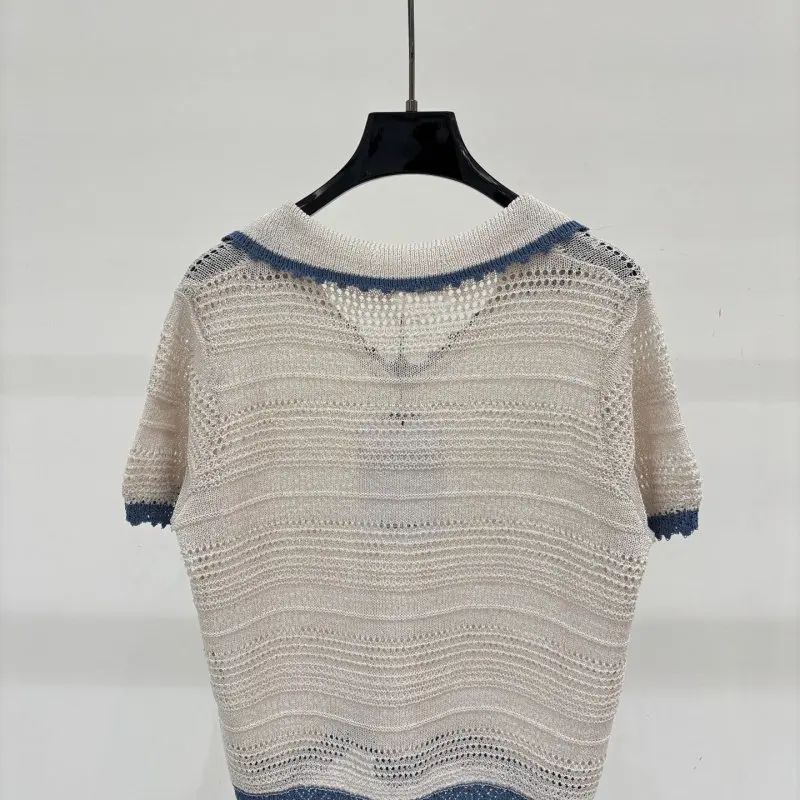 Contrast Color V-Neck Knitted Short Sleeve