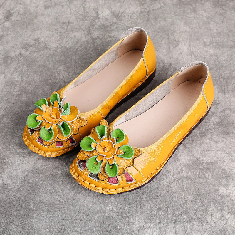 

2026 New Ethnic Style Genuine Leather Women's Toe Top Cowhide Soft Sole Comfortable Mom Shoes Large Size Breathable Flat Shoes