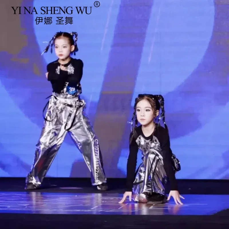 Costume de danse Jazz pour filles, ensemble à paillettes argentées et noires, tenue de spectacle de danse de rue, vêtements de fête de compétition de Ballet Hip Hop pour enfants