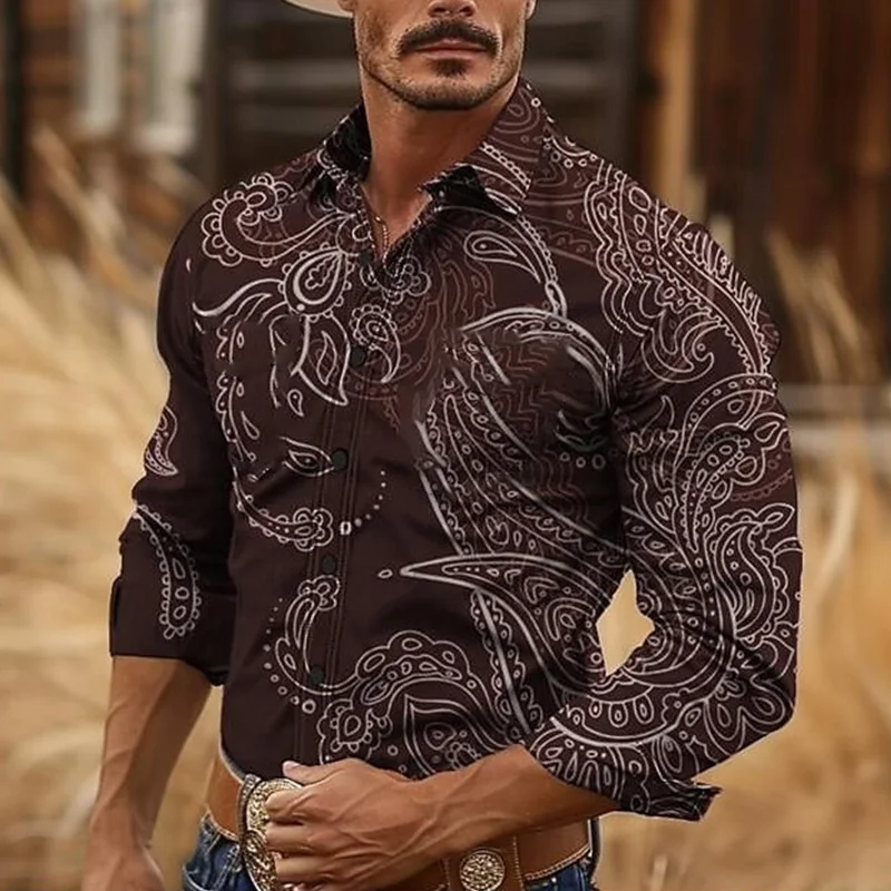 2024 Men\'s Retro Western Cowboy Style 3D Printed Long Sleeve Shirt Outdoor Vacation Spring and Summer High Quality Lapel Shirt