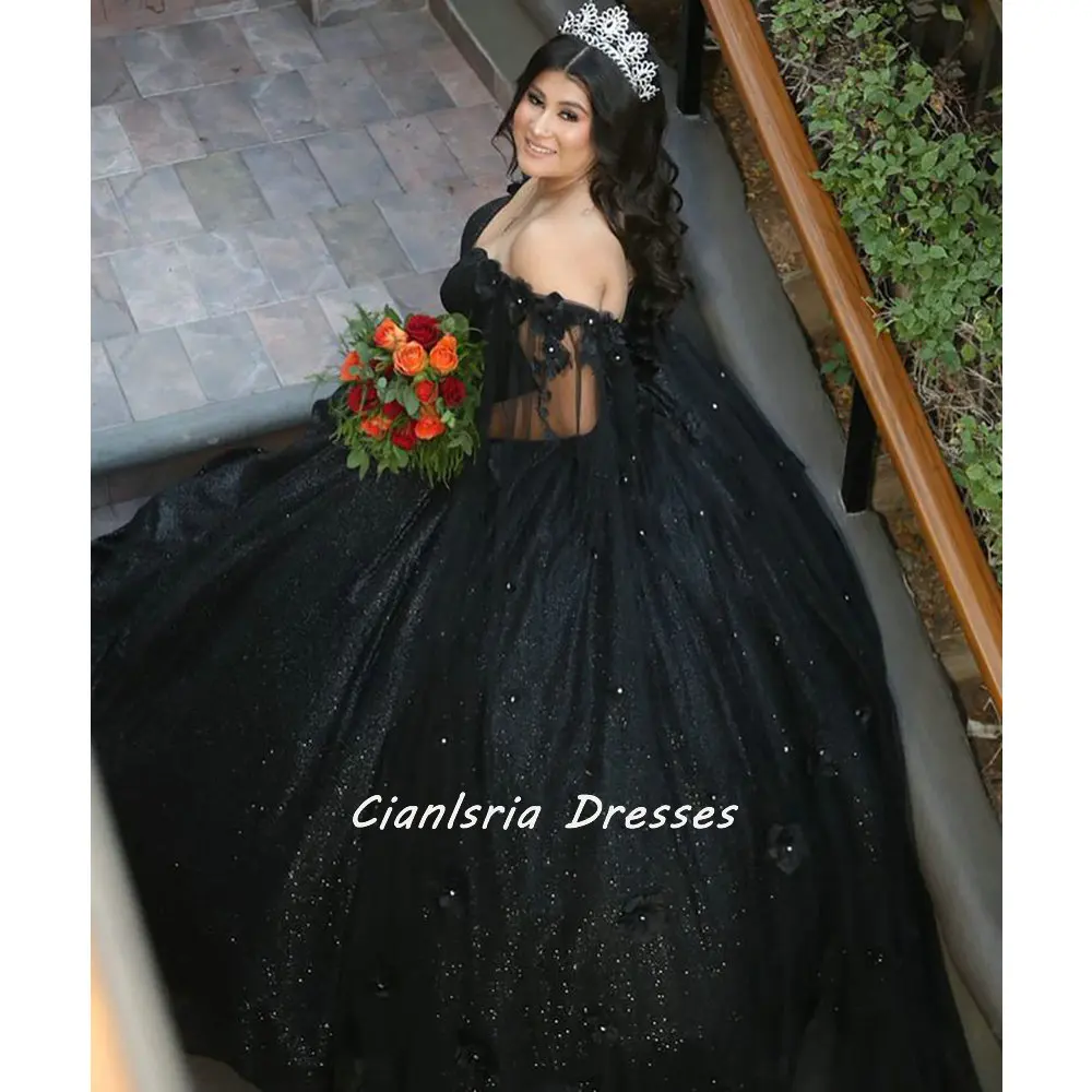 Đen Pha Lê Lấp Lánh Plus Kích Thước Quinceanera Đầm Bầu Lệch Vai 3D Hoa Dây Chéo Vestidos De XV Anos