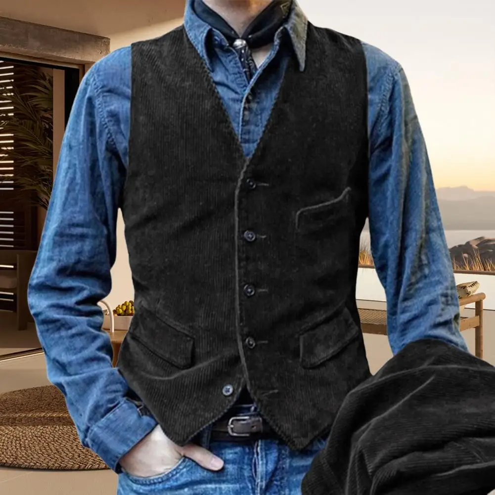 Men Waistcoat Solid Color V-Neck Sleeveless Single Breasted Vest Coat Slim Fit Pockets Corduroy Retro Style Men Waistcoat Top