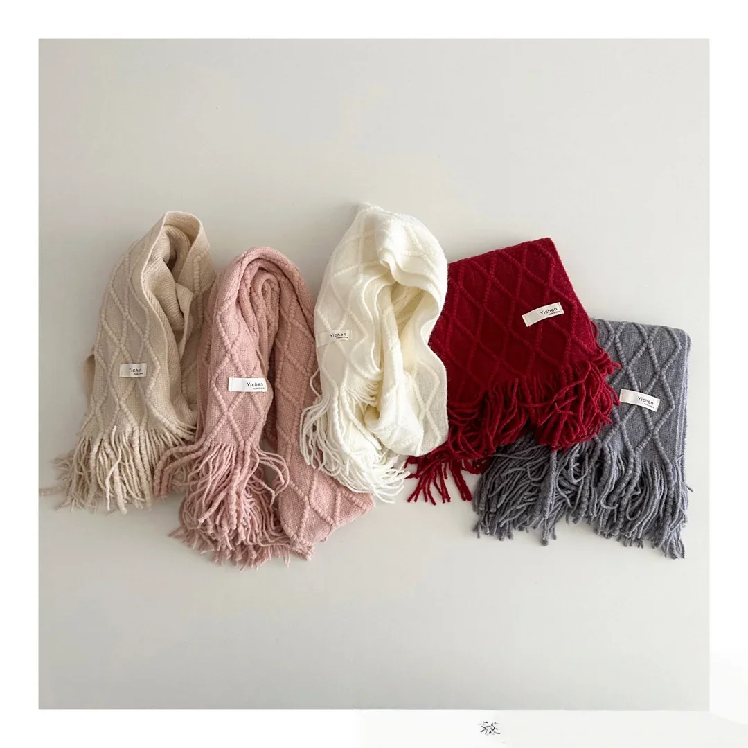 أطفال بنين بنات شتاء دافئ وشاح 0-6Y اكسسوارات الطفل الماس نمط محبوك بلون شرابة الأوشحة لملابس أطفال #3