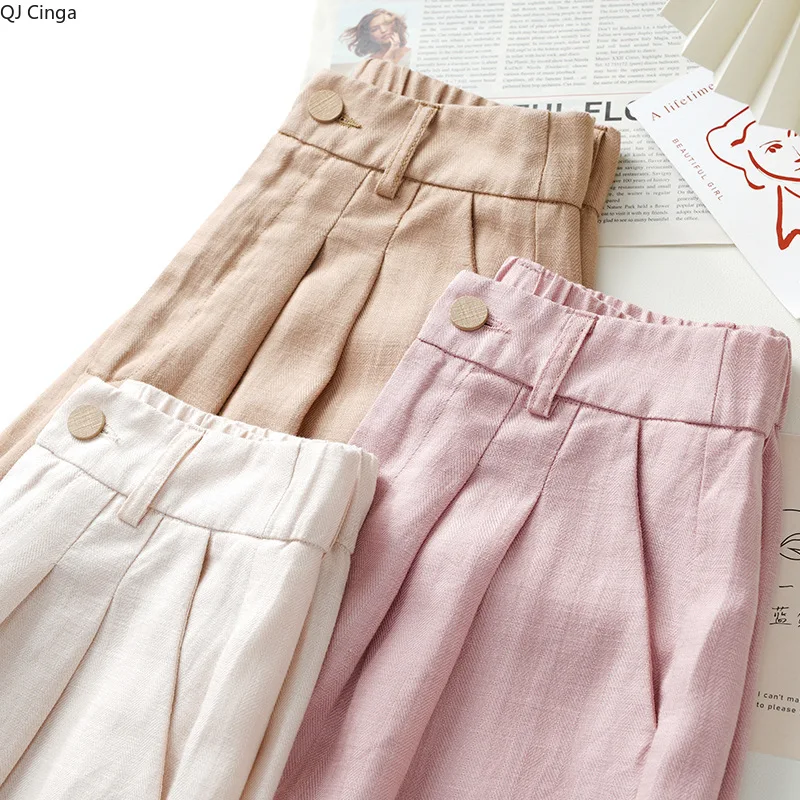 Women Pink Linen Wide-Leg Pants Lightweight Casual Trousers for Spring/Summer Asian Sizes S-3XL Available in White, Black, Khaki