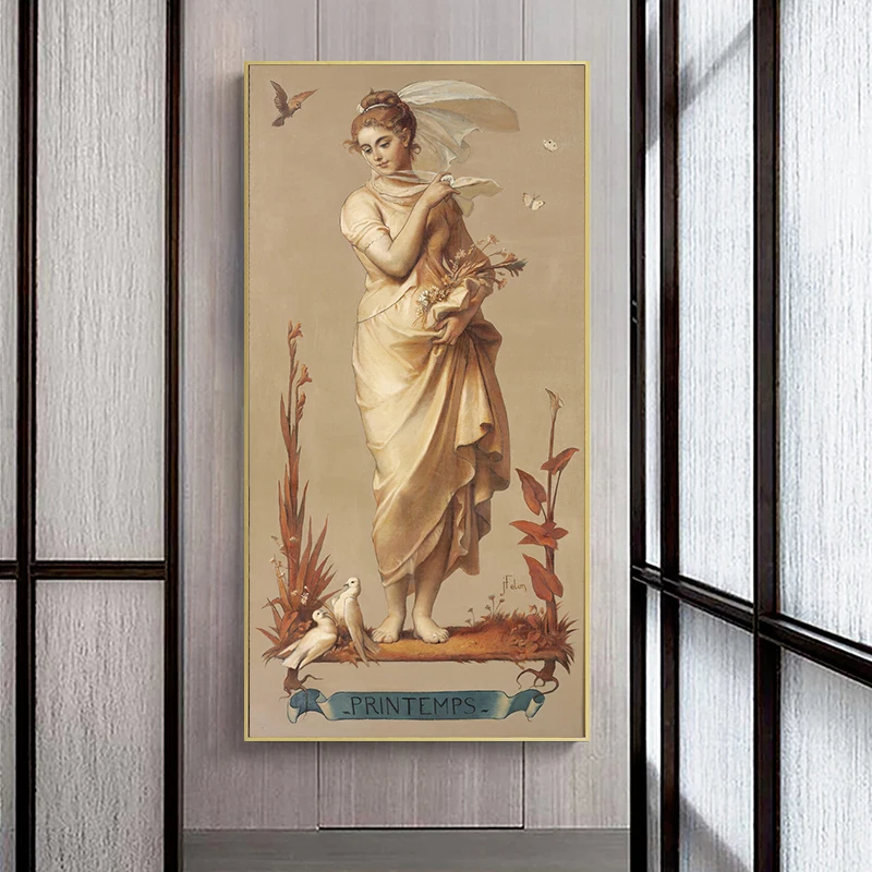 Vintage Woman Illustration Posters and Prints The Four Seasons Canvas Painting Wall Art Pictures for Living Room Home Decor