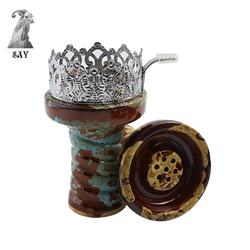 SY Crown Shaped Metal Hookah Charcoal Holder Coal with Long Wood Handle and Ceramic Shisha Bowl Shisha Chicha Tool Accessories