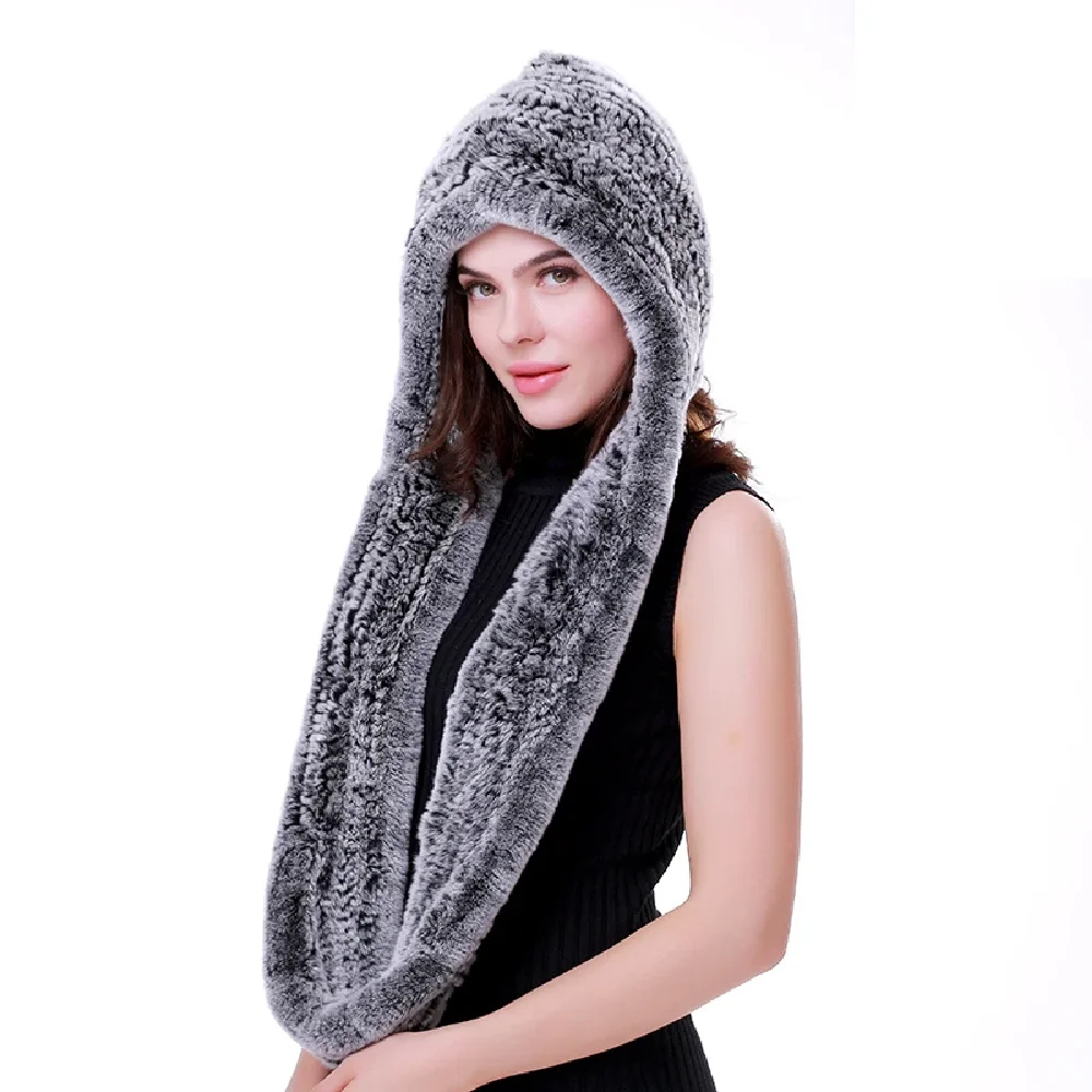 

Women Winter Fur Hats Scarf One-pieces Real Rex Rabbit Russia Earmuffs Snow Cap Hand-Woven