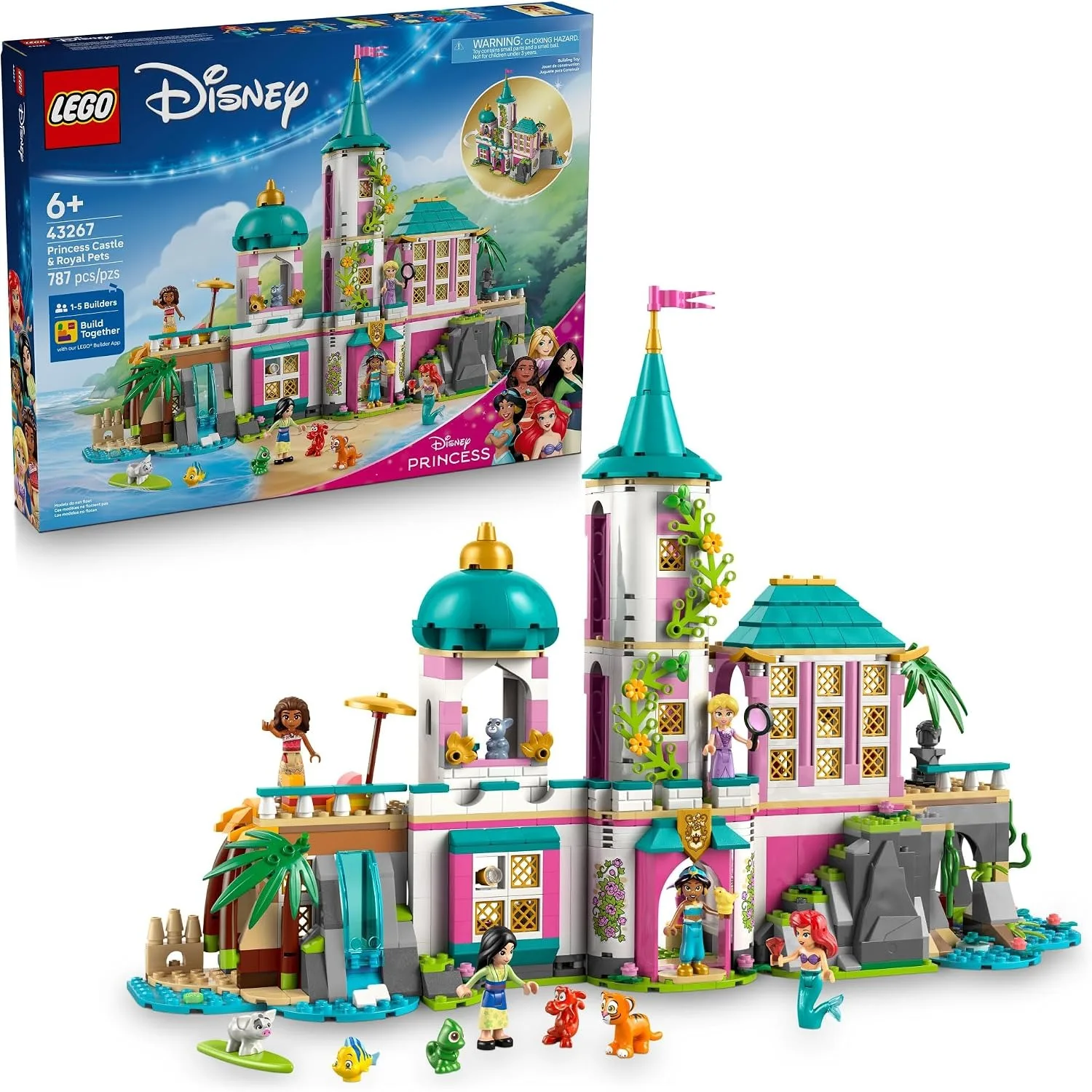 LEGO Disney Princess Castle & Royal Pets Kids Toy - Pretend Play Building Set for Girls and Boys, Includes Ariel, Rapunzel, Jasmine, Moana, and Mulan - Gift Idea for Birthdays - 43267