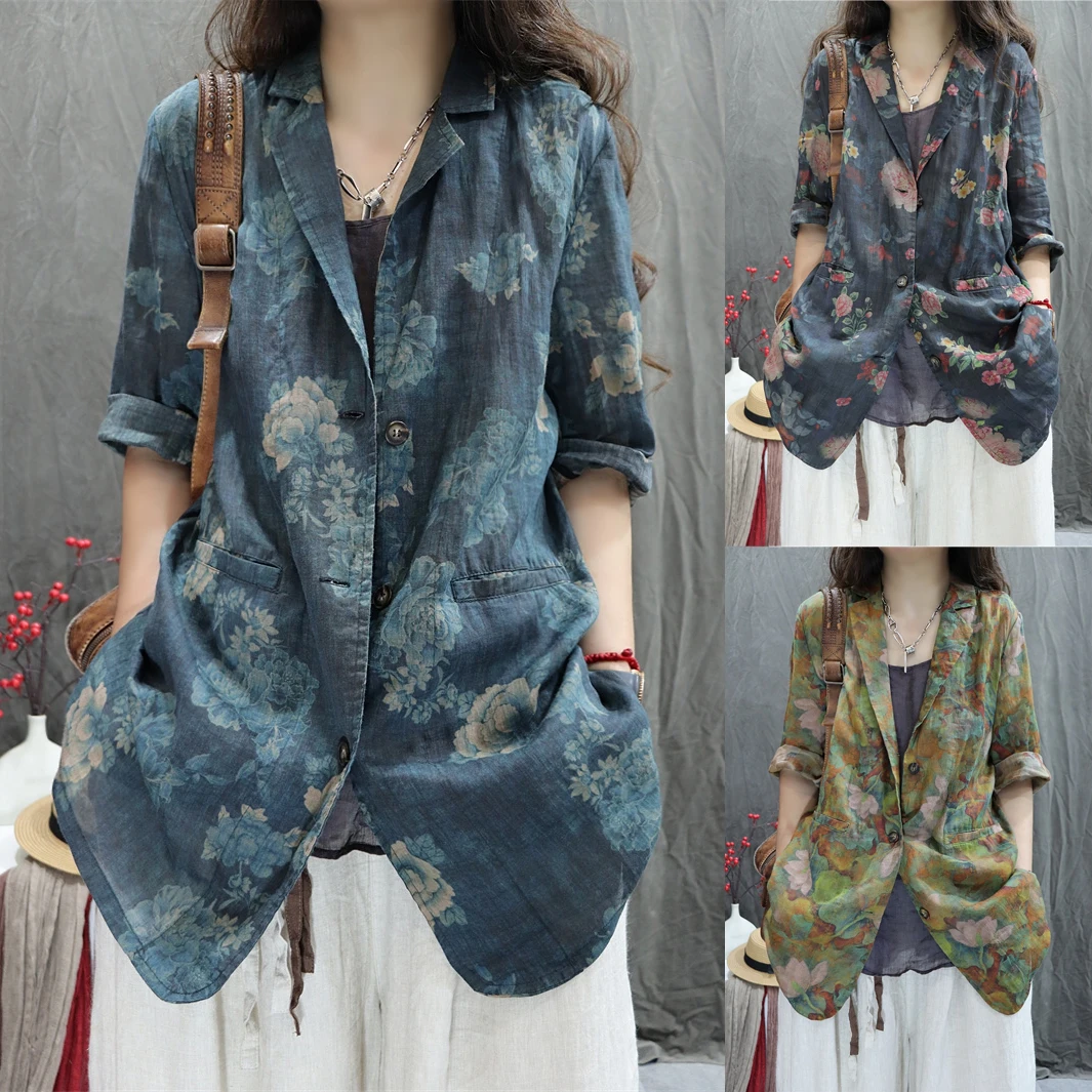 

Loose Long Sve Women's irt Large Size Flax Print Spring Summer Casual Faion oulder Width Regular Length Office Sle