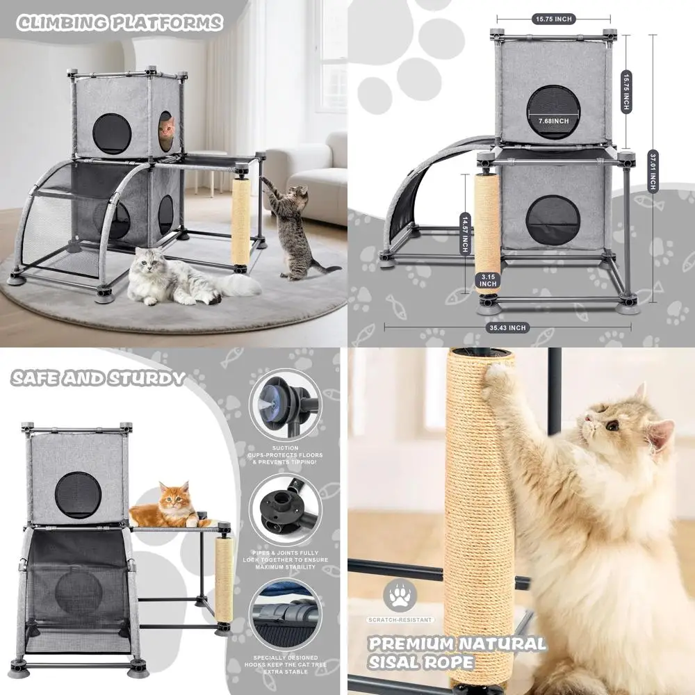 

Multi-Level Grey Cat Tree with Hammock, Scratching Post, and Two-Tier Condos for Indoor/Outdoor Use