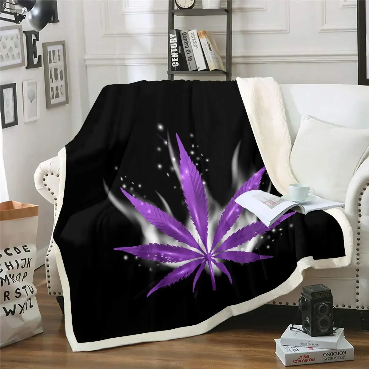 Leaf Fleece Throw Blanket for Sofa Bed Couch   Weed Leaf Plush Blanket Chic Smoky   Leaves Sherpa Blanket Purple