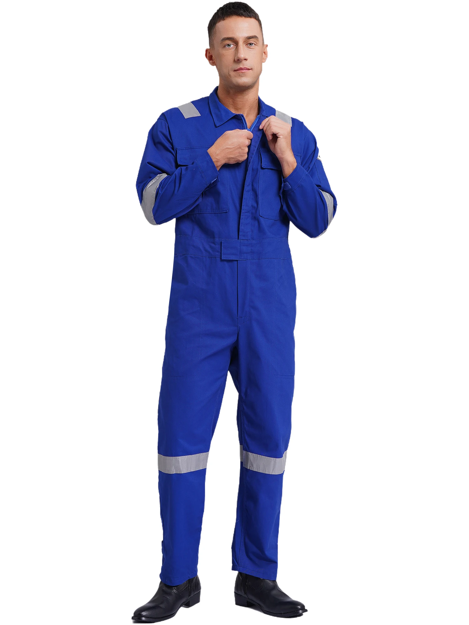 Unisex Adults Work Overalls Reflective Strips Multi-pocket One-piece Jumpsuit 100% Cotton Dustproof Dungarees Coveralls