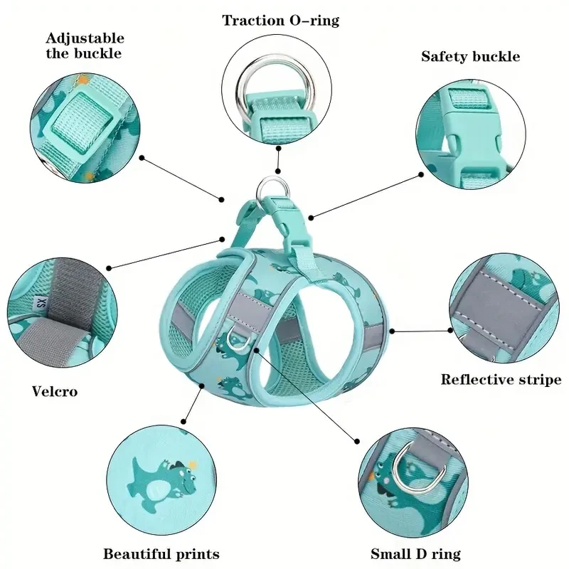 HLP554--حزام كلب قابل للتعديل بدون سحب مع شبكة مبطنة وحواف عاكسة - نمط كرتوني، تصميم متدرج للكلاب الصغيرة.