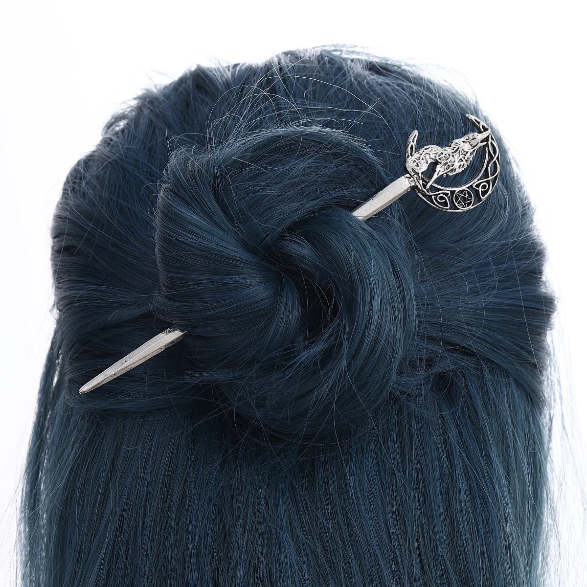 Viking Style Wolf Moon Carved Flower Hairpin Ancient Silver Celtic Pattern Metal Hairpin Subculture Cosplay Party Hair Accessory