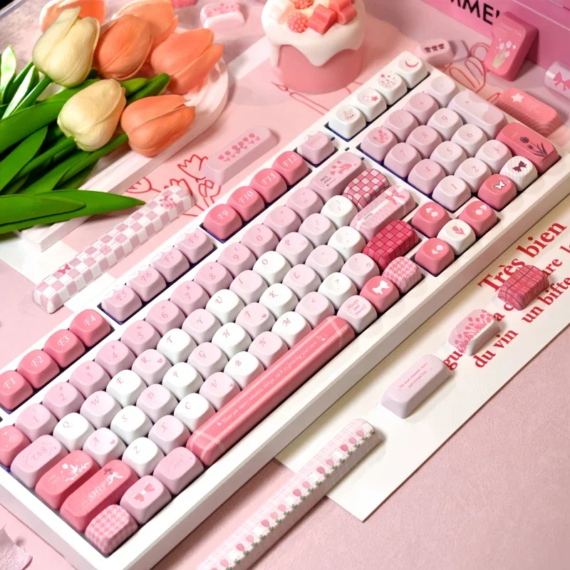 Tulip Pink Keycaps Custom PBT MOA Profile Cute Keycap Cartoon Anime Dye Sublimation Point Key Cap for Gaming Mechanical Keyboard