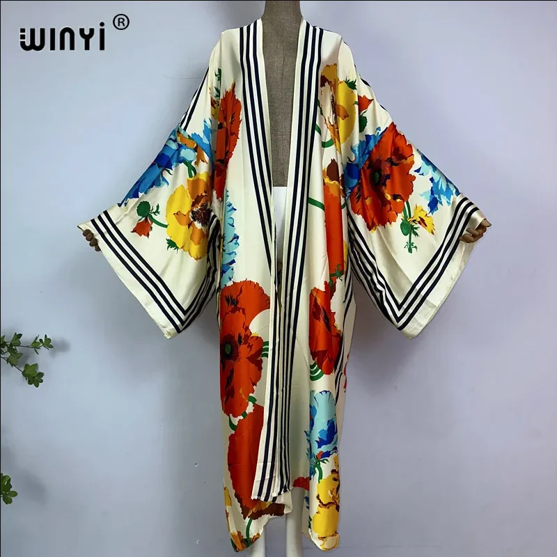 

WINYI Catwalk Kimono Women Printed bubble hem coat Long Sleeve Cardigan abaya dubai luxury beachwear Cover Up boho dress Caftan