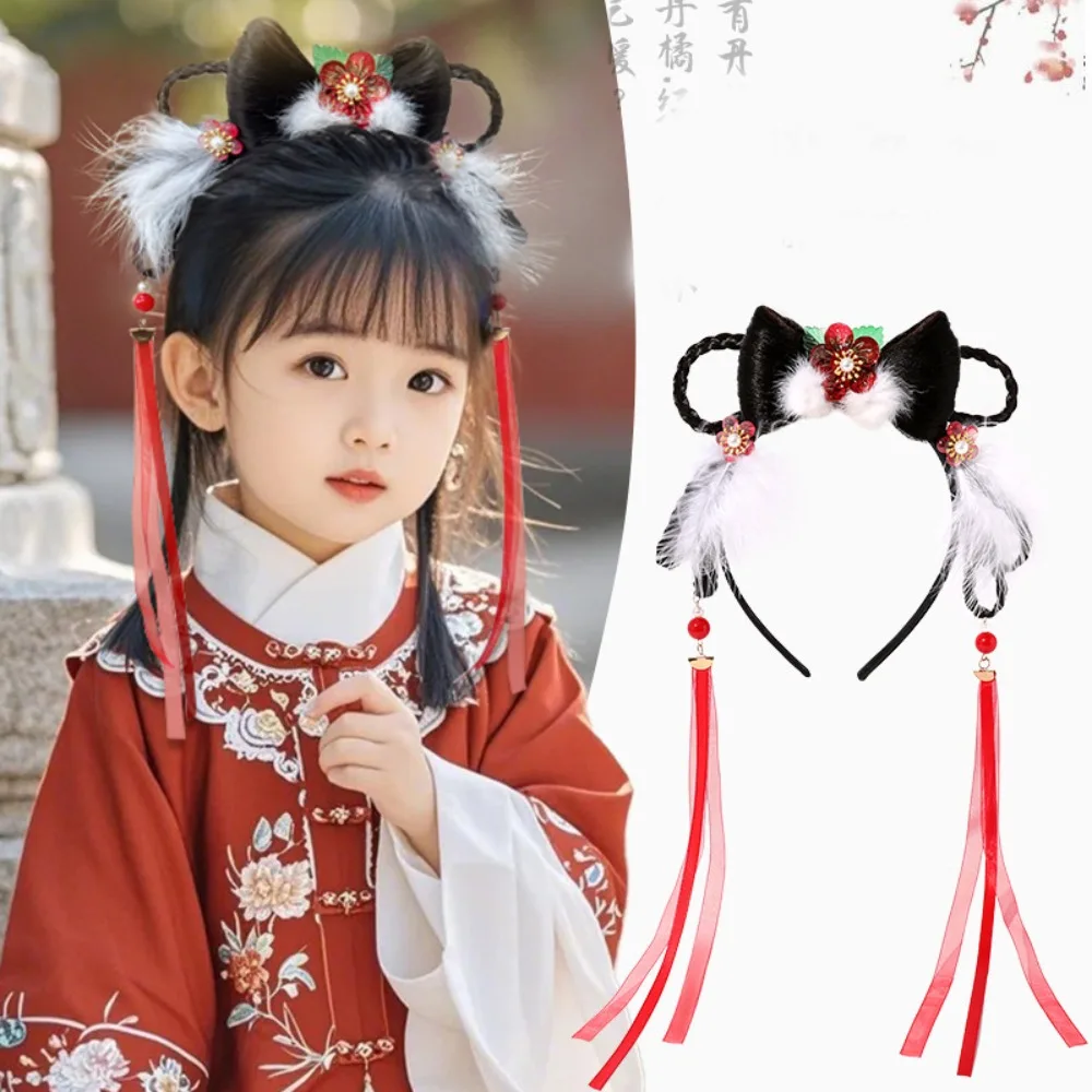 

Flower Children Wig Headband Braid Hair Tang Suit Hair Hoop Chinese New Year Headwear Tassel Girl Hair Accessories