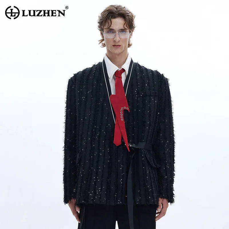 LUZHEN Tassel Texture Sequin Collarless Suit Jacket Ribbon Design Elegant Temperament High-end Men Personalized Blazer LZ8191