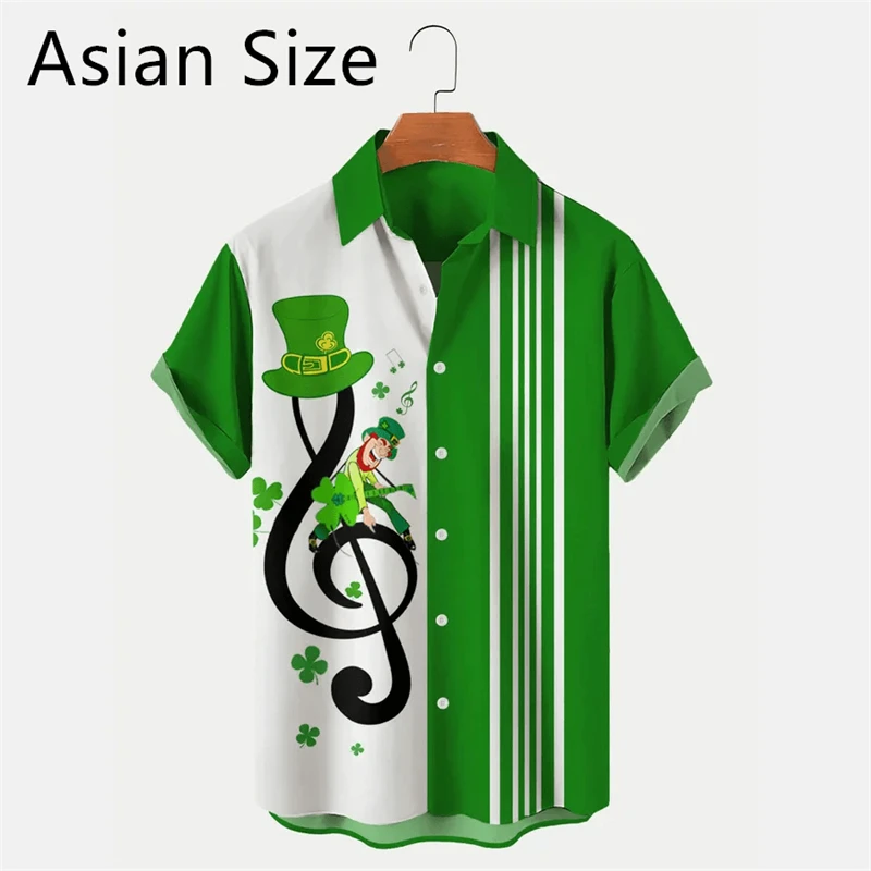 Fashion St. Patrick's Day 3D Printed Shirts For Men Summer Casual Four Leaf Clover Graphic Blouse Loose Lapel Button Trend Tops