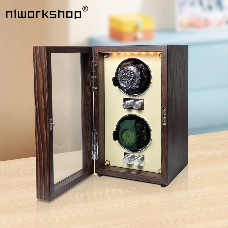 Niworkshop Watch Winder for Automatic Watches,2 Slots Wood Watch Box with Quiet Motor,LED Light,Adjustable Watch Pillows.