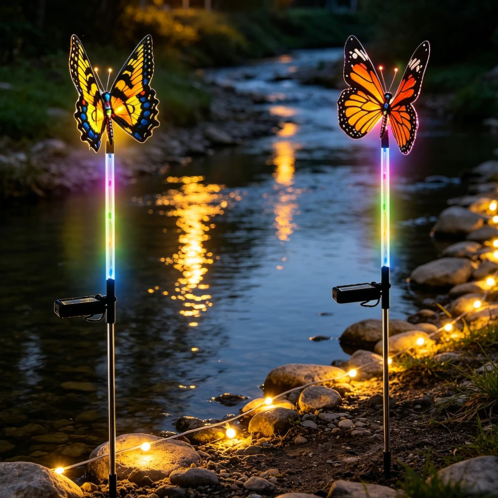 Solar Landscape Light, Solar Powered Garden Decor Butterfly Lights, 7 Color LED Fiber Optic Lamp for Lawn Yard Garden Walkway