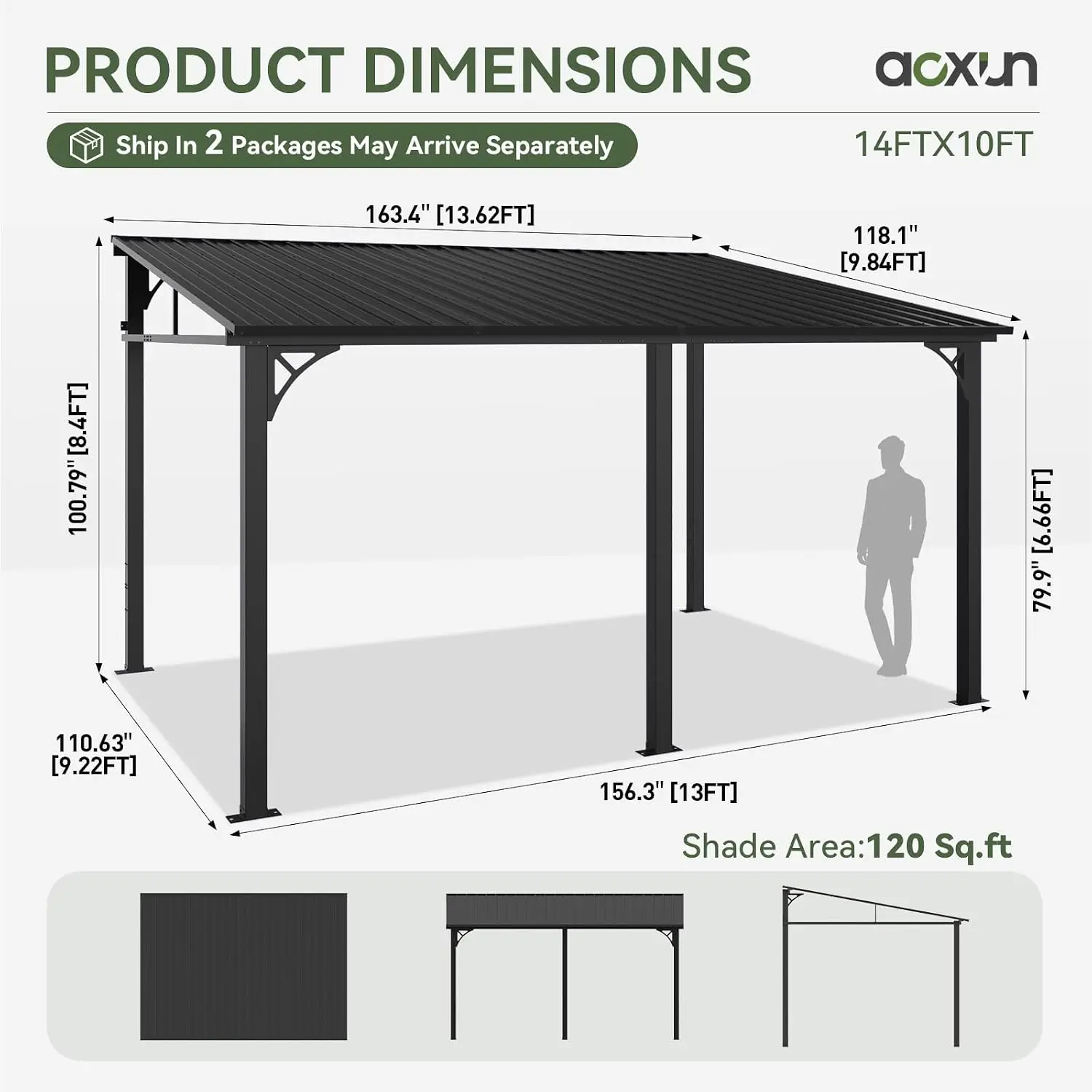 10x14 FT Black Lean To Gazebo Pergola, Wall Mounted Hardtop Canopy with Sloping Roof, Heavy Duty Outdoor Awning